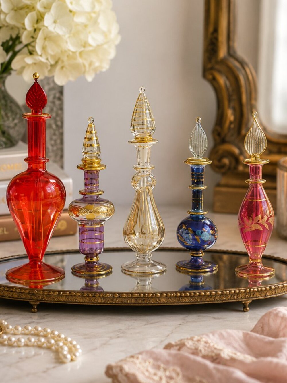VTG Egyptian Hand Blown Glass Perfume Bottles Set of 5 Gold Decor Apothecary